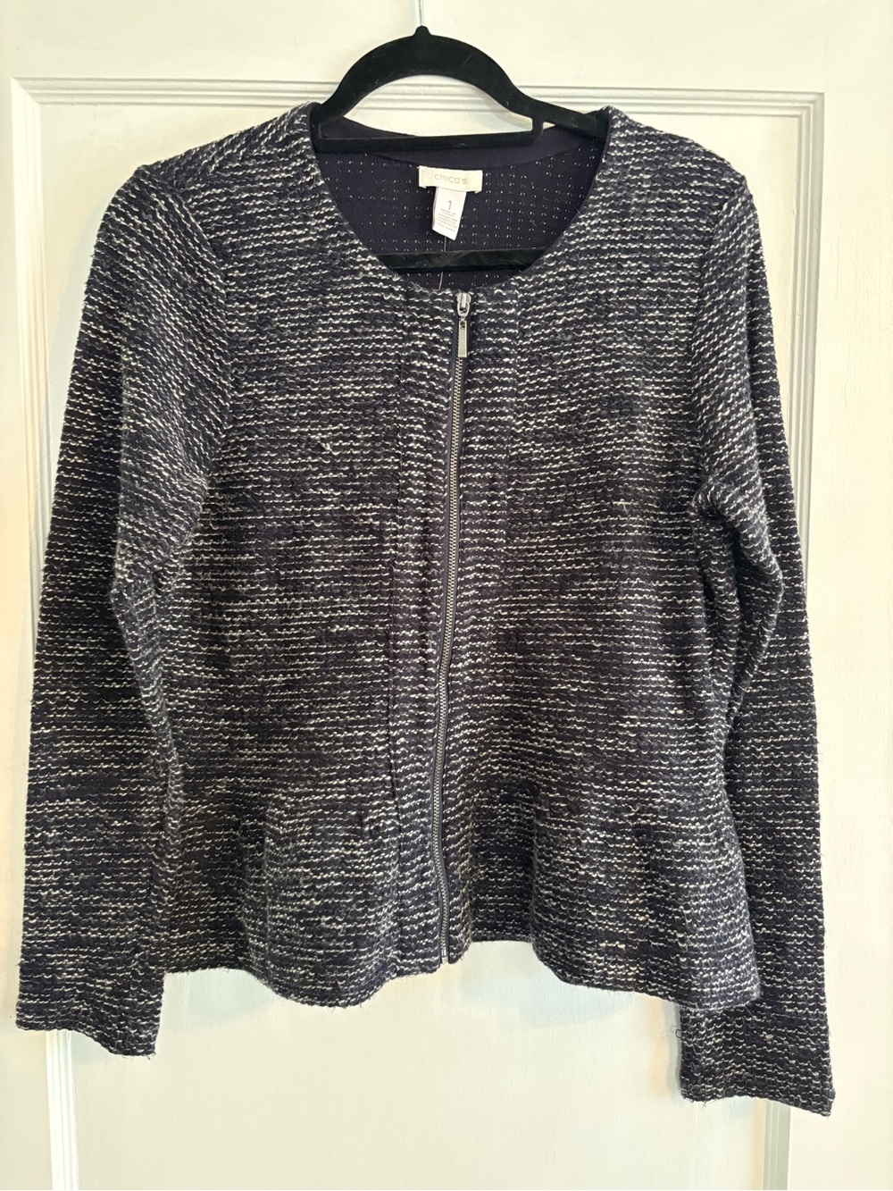 NWT Women’s Chico's Tierra Tweed Cardigan Sweater in Ink Size 1 (Medium 8-10)